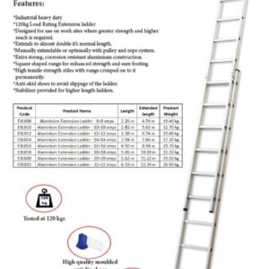 Heavy duty dual section aluminum extension slide ladder with pulley rope standing extended in Kenya.